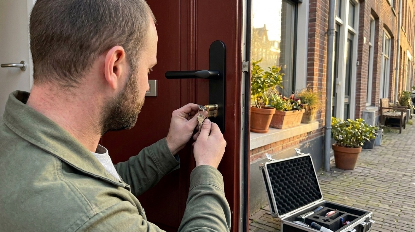 Slotenmaker plaatst een nieuwe cilinder in een rode Amsterdamse voordeur