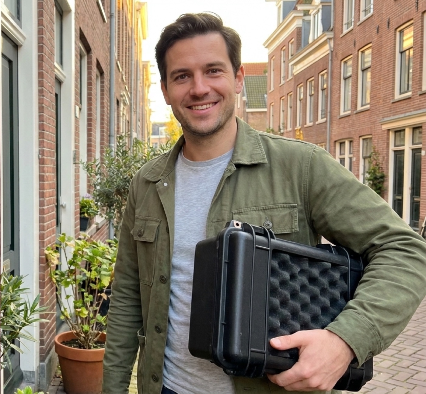 Slotenmaker met zijn gereedschapskoffer in een Amsterdamse straat