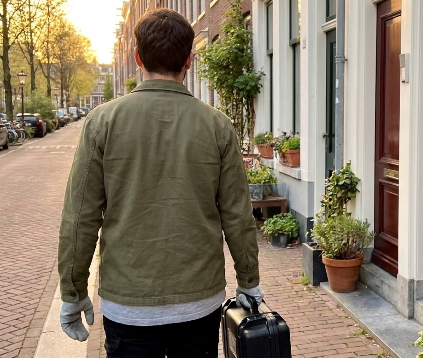 Slotenmaker loopt met zijn koffer door een Amsterdamse straat