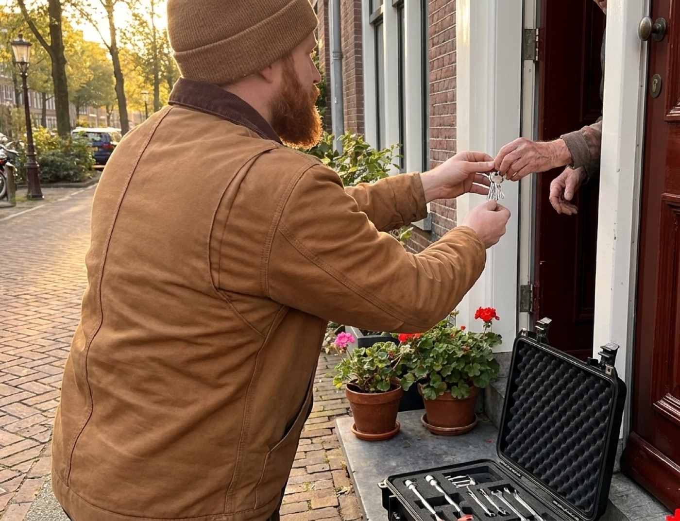 Slotenmaker geeft de nieuwe sleutels aan de bewoner